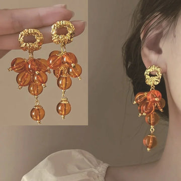DAIIIBABYYY  -  French Vintage Beaded Tassel Earrings Orange Bead Earrings